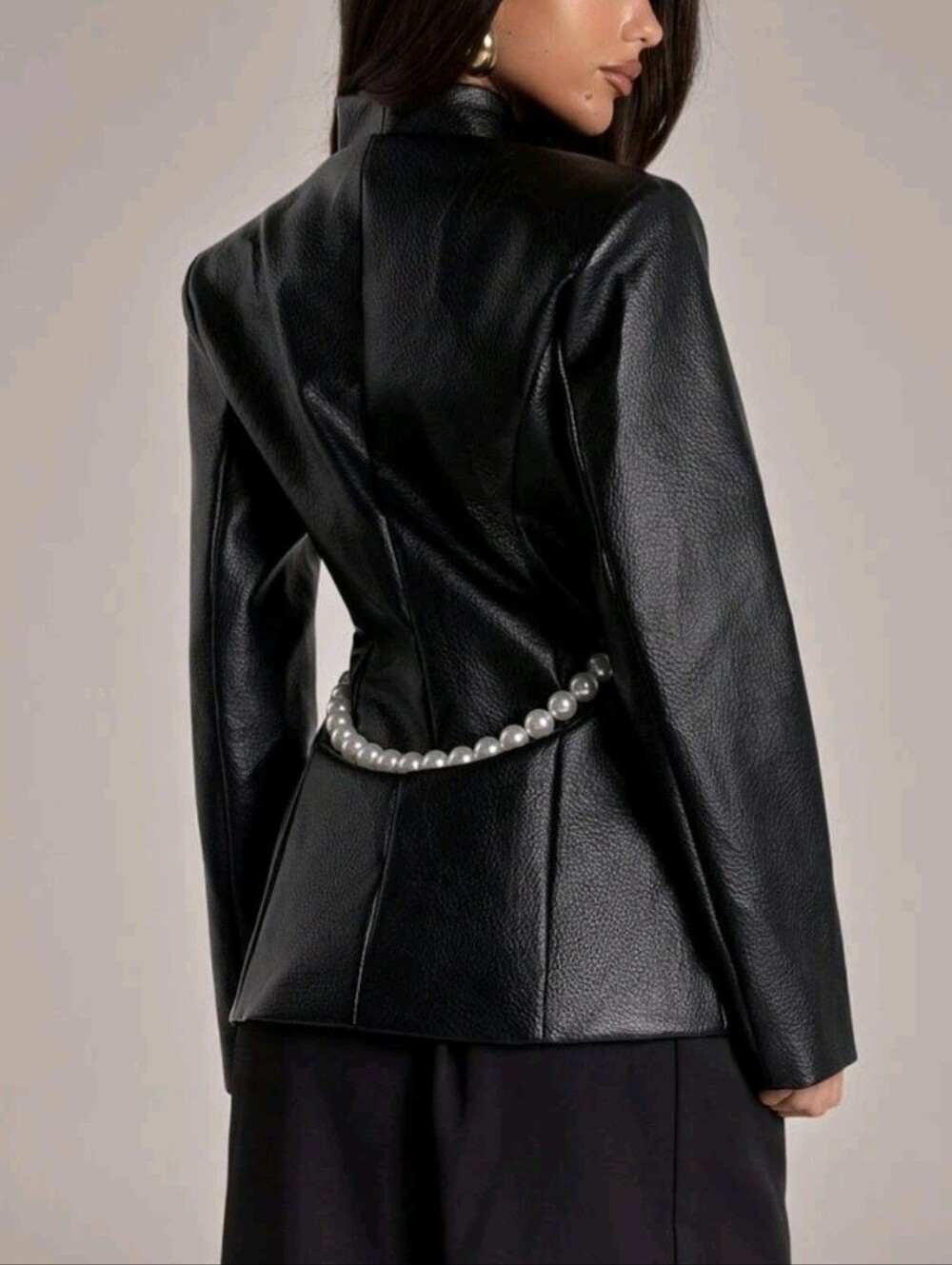 Women's Solid Color PU Leather Long Sleeve Fashion Blazer